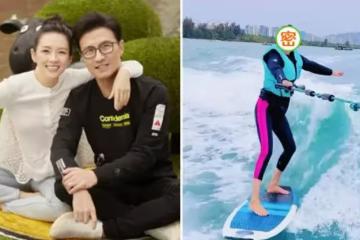 43歲章子怡學衝浪!大長腿搶鏡身材好少女,汪峰視角下吐舌燦笑少女感十足