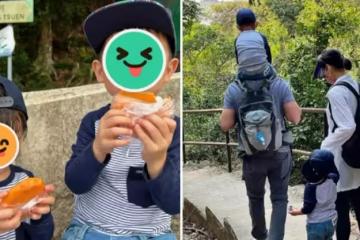 「港姐」胡杏兒一家四口戶外郊遊！中途休息摘下口罩「兩個兒子」像極了一對雙胞胎兄弟