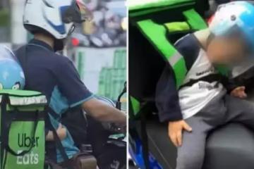 3歲兒揹保溫袋睡著,24歲爸早上做鐵工,晚上送外送,獨力養家,他心疼:見孩子就不累了