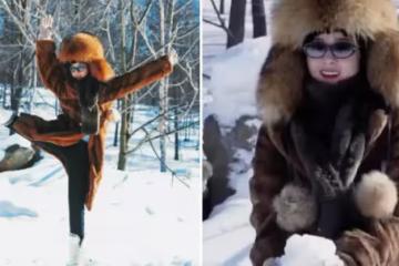 趙麗穎穿貂大衣雪地裡嗨玩！臉頰被凍通紅，捧雪球大秀高抬腿動作