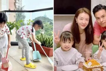 熊黛林曬雙胞胎女兒做家務，姐妹倆打掃陽臺，被媽媽溫柔大贊好乖