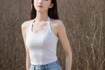 白色小弔帶搭配牛仔褲,曼妙的身姿,十分迷人