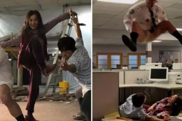 59歲楊紫瓊曬打戲花絮!摔倒在地一臉傷疤,展臂單腳站立紋絲不動