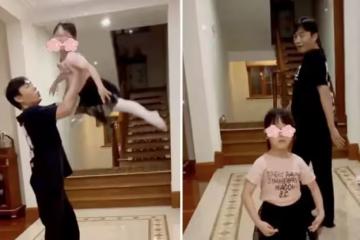 伊能靜曬女兒跳舞，秦昊作伴父女倆配合默契，5歲小米粒氣質出眾，附文道：宅在家裡的日常