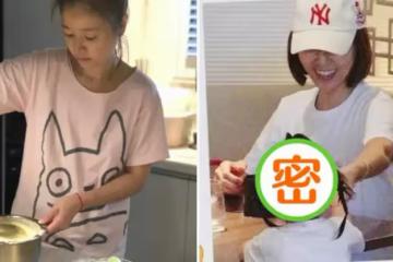 林心如素顏為愛女做蛋糕，穿家居服秀火辣身材，4歲小海豚「鵝蛋臉、睫毛精」五官超像媽咪林心如，霍建華眼神中滿是寵溺