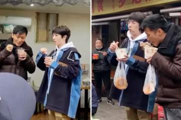 謝霆鋒站路邊吃平價早餐！埋頭吸面「大口狂吃」，站垃圾桶旁邊不嫌髒，網友直呼：太接地氣！