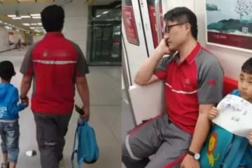 快遞員爸爸捷運中睡著!兒子高舉「手寫紙條」一路保駕護航,暖哭網友:是來報恩的吧?