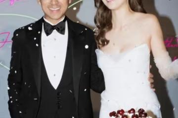 吳千語施伯雄婚禮伴手禮:巧克力和永生花,綠色禮盒有英文名縮寫