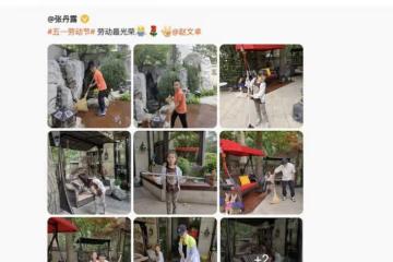趙文卓曬勞動節日常，一雙兒女打掃豪宅庭院，6歲女兒像極爸爸
