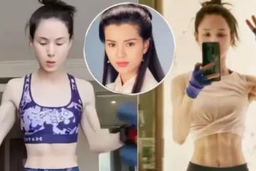 55歲李若彤舉啞鈴健身！四塊腹肌太搶眼，身材纖瘦彎腰肚子凹一塊