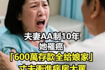 夫妻AA制10年!她罹癌「600萬存款全給娘家」丈夫衝進病房大罵 辦完身後事「他突收一封簡訊」崩潰了