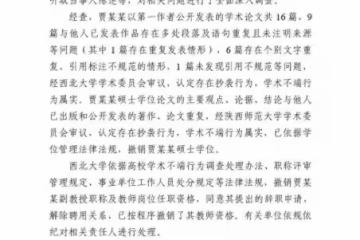 西北大學通報賈淺淺論文抄襲:撤銷學位與職稱,解除聘用關係
