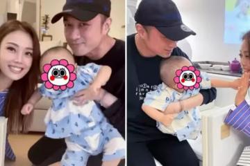 49歲古巨基成奶爸！容祖兒曬和古巨基父子合影，1歲兒子八字眉表情顯呆萌，高齡妻子未露面