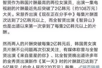 韓星天價片酬曝光!金秀賢單集片酬5億,宋慧喬單集片酬僅2億