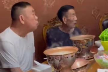 90歲楊少華攜全家吃火鍋，身形消瘦但精神奕奕，父子5人如複製