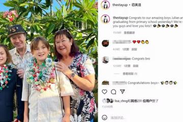 許冠傑雙胞胎孫子小學畢業!一家六口開心慶祝,倆娃太像外國媽媽