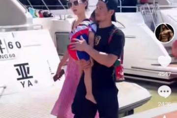 嘎子攜一家四口坐遊艇出海，老婆身材火辣白得發光，倆兒子神似爸
