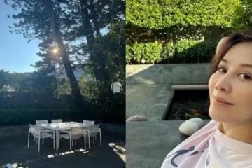 豪宅後院太豪華,56歲劉嘉玲素顏自拍照皮膚超好, 池子養滿大鯉魚,院內參天大樹堪比公園