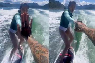 性感女星周秀娜海上衝浪 腿太瘦內側凹一塊