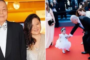 83歲劉詩昆一家三口合體，妻子穿運動鞋配禮服，1歲女兒太漂亮