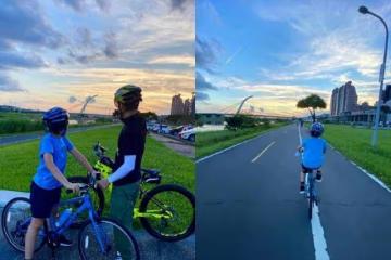 林志穎和kimi騎自行車,11歲兒子身高快趕上爸爸,膚色健康有肌肉
